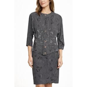 Michael Blair 1990s Black Textured Skirt Suit Set Floral Embossed Size XXS